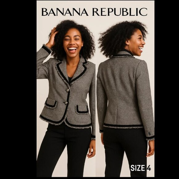 Banana Republic Fully Lined Wool Blazer with Faux Pockets with Trim, Sz. 4. - Picture 3 of 14